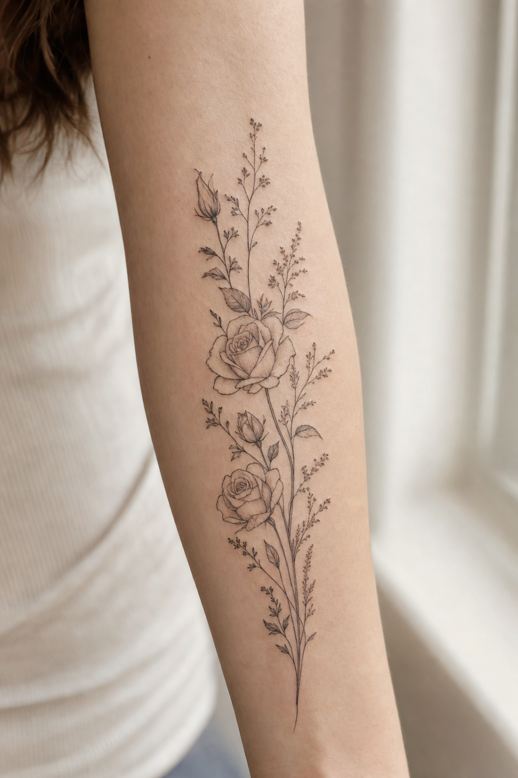 Fine line floral tattoo